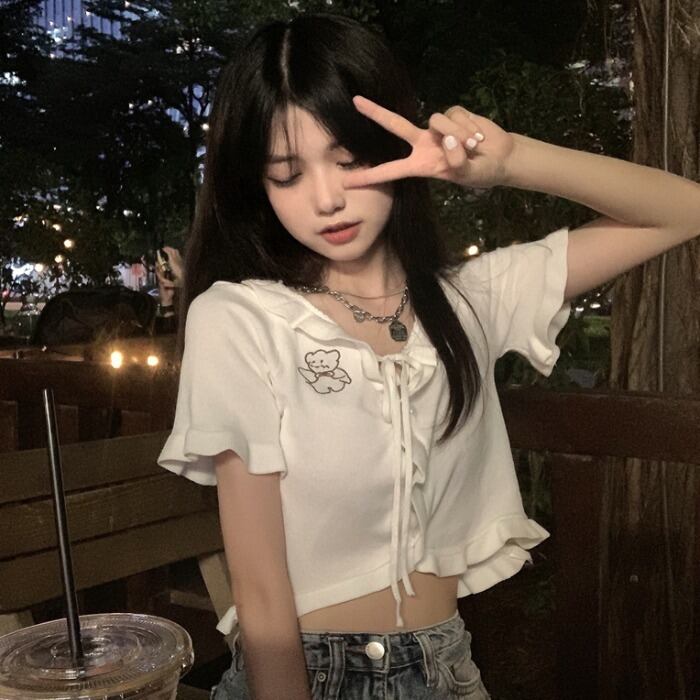 ニットカーディガンショートTシャツ サマー薄手トップス 大人ガーリー スウィート キュート カジュアル 夏物 萌量不足48989762578