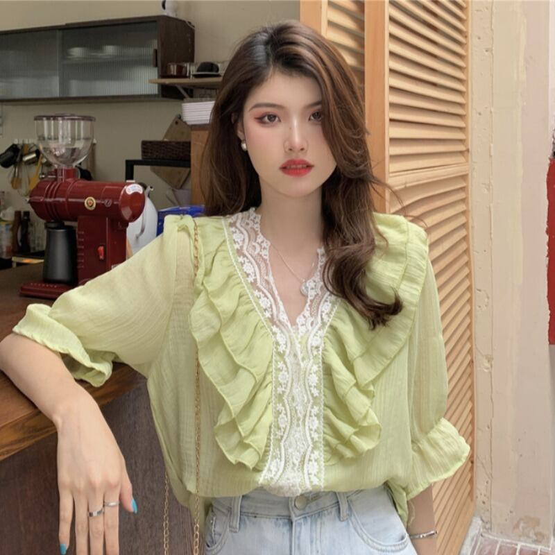 ルーズシャツ サマー薄手Vネックシフォントップス 夏物 ステッチ YY-ファッション82984128183