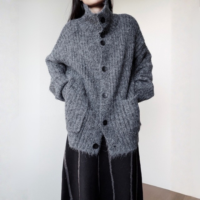 Asymmetric button fuzzy knit cardigan C1646