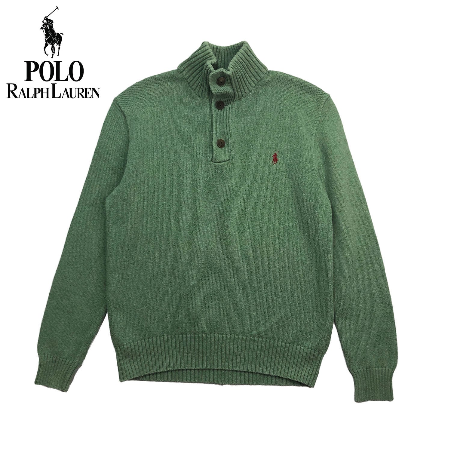 USA 古着 ポロ ラルフローレン コットンニット 襟ボタン セーター メンズS オリーブグリーン POLO RALPH LAUREN 中古