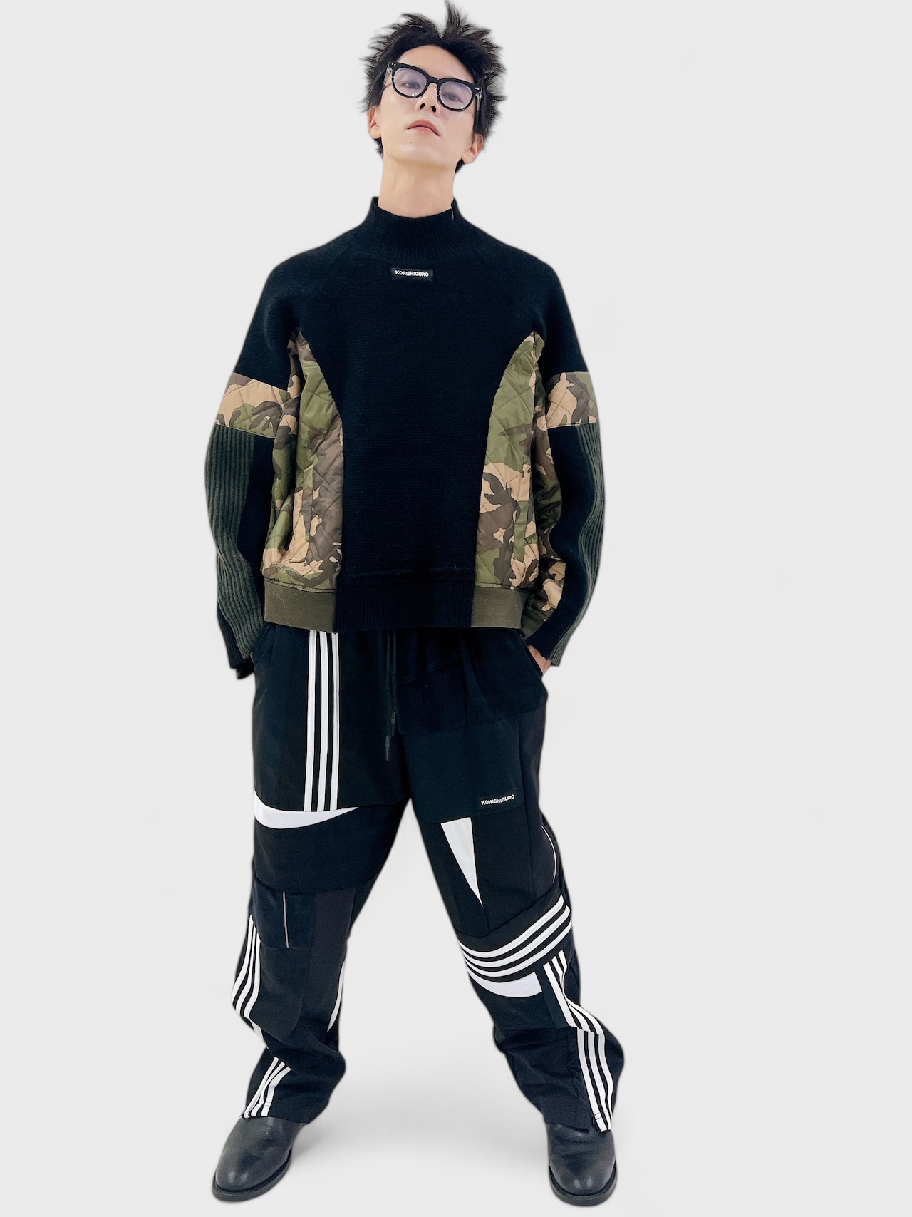 KOH ISHIGURO Upcycled Crazy Patchwork LINE wide pants -BLACK- Mens model - 9