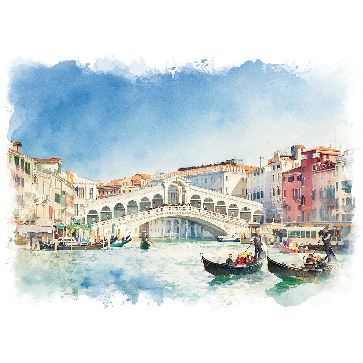 運河の風景 水彩画 額装済み 絵画 イタリア 風景画 ヴェネツィアの大運河とリアルト橋 インテリア