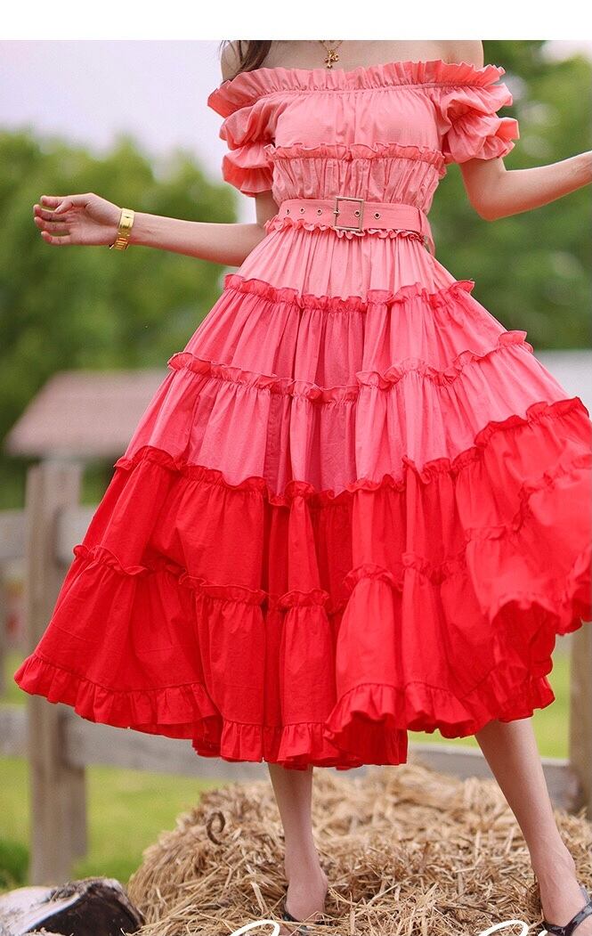ワンピース 赤 グラデーション フリル ピンク ブラウス エレガント