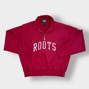 ROOTS カナダ製 ハーフジップ スウェット  アーチロゴ 刺繍 ワッペン プルオーバー トレーナー L ルーツ バーガンディ CANADA US古着