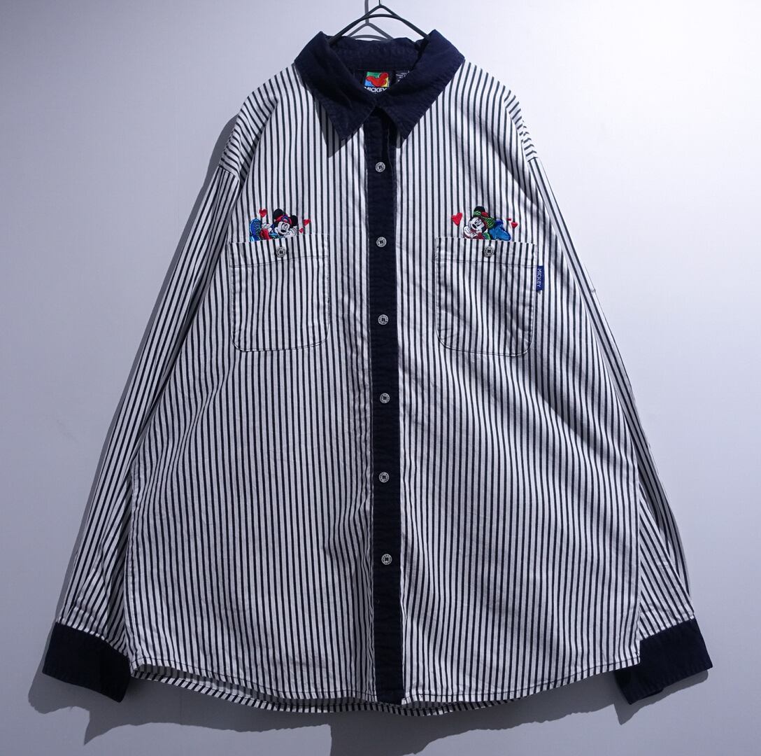 90s “Disney” Mickey & Minnie Embroiderey Stripe Shirt