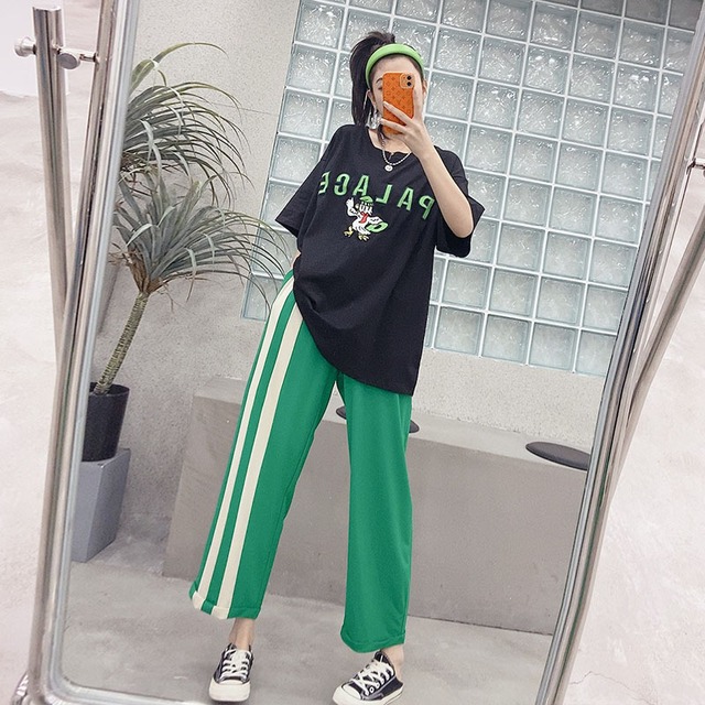 プリント柄ラウンドネックTシャツ ルーズダブルパンツ 大きめサイズ Oネック ミックスインファッション87147025218