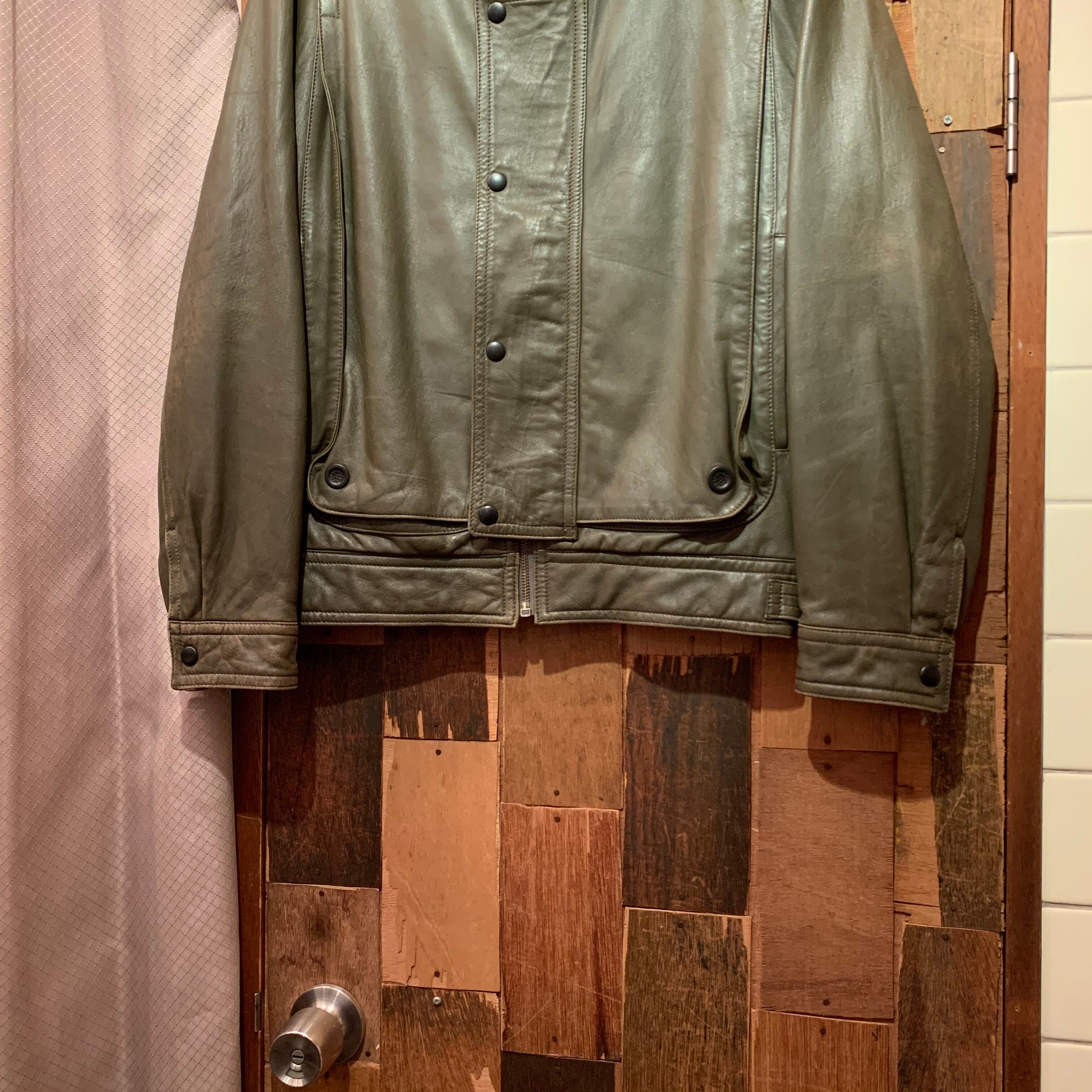 “free time leather wear” olive sheep leather zip&button blouson