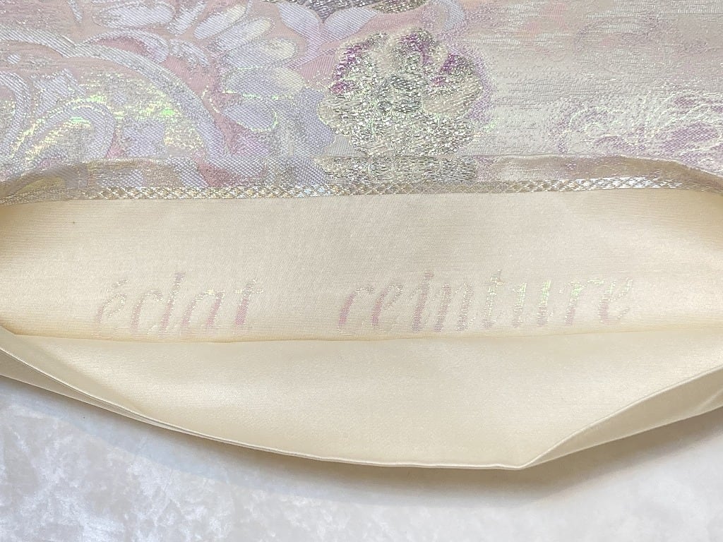 サイズ唐織り éclat ceinture 袋帯 正絹 銀糸 白 紫 ピンク 573