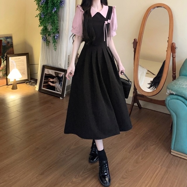 ワンピース レディース 送料無料 フレア プリーツスカート フェイクレイヤード ドッキング アジアン チャイナ服 五分袖 フリル シャツワンピ バイカラー ウエストマーク ロング丈 Aライン 襟付き 前開き ハイウエスト ウエストゴム ウエストマーク 体型カバー 脚長 細見え 華奢見え 二の腕カバー ブラック 黒色 花柄 ボタニカル柄 フラワー 抜け感 こなれ感 フェミニン 大人可愛い かわいい きれいめ 大人女子 上品 エレガント おしゃれ お洒落 春服 夏服 涼し 20代 30代 40代