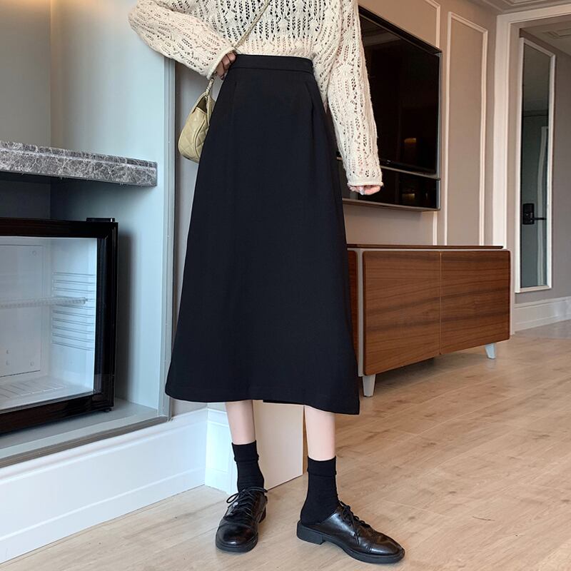 ブラックスカート スプリングハイウェスト薄手Aライン 春物 試着室36921731258