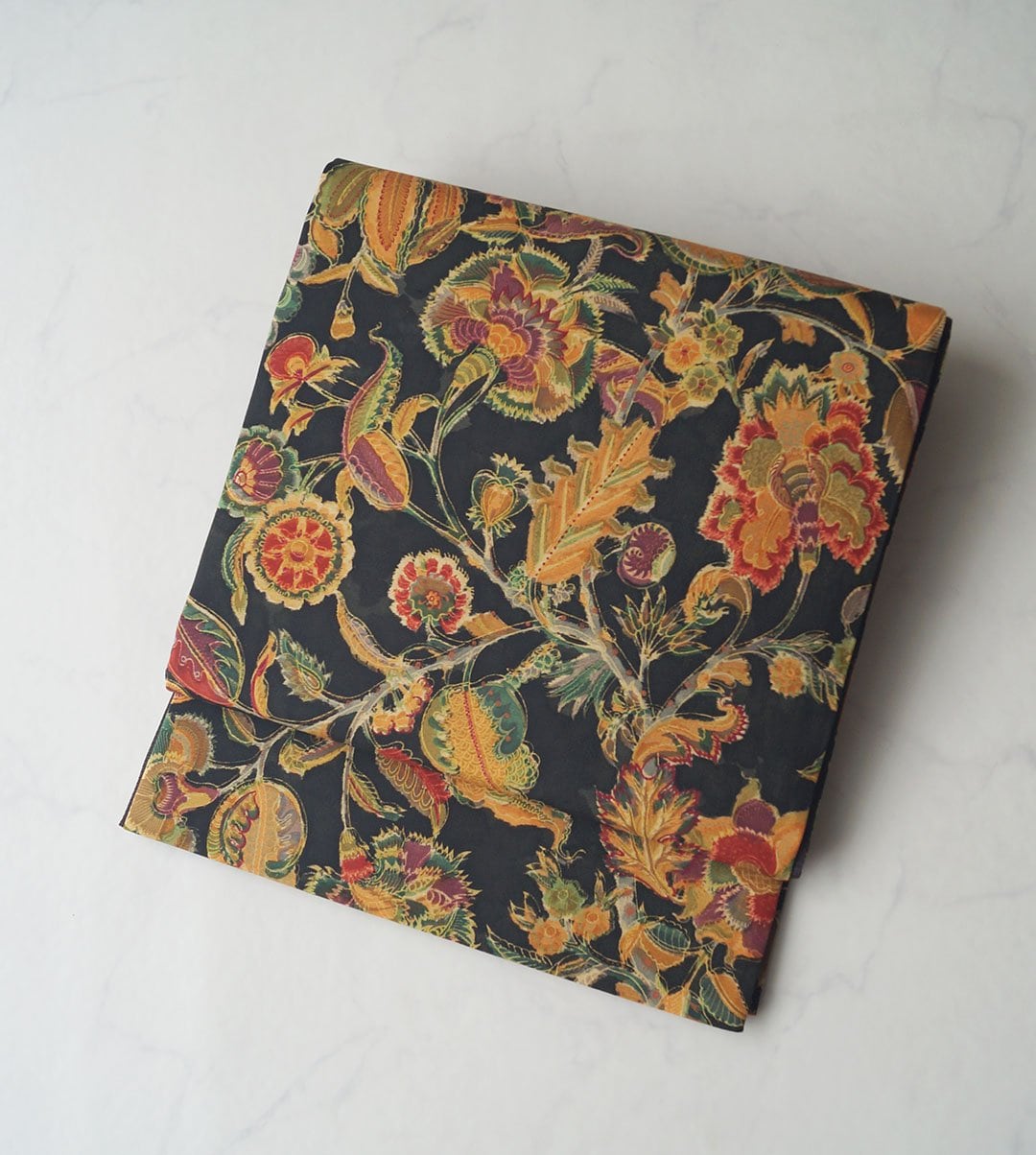 【ふくろ帯】黒色地 更紗文 白山工房牛首紬 ふくろ帯