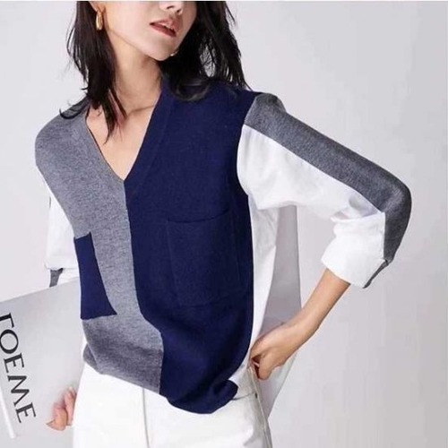 ニットドッキングシャツ シャツブラウス シャツ ブラウス レディース 50代 ブラウス シャツ レディース シャツ ブラウス 長袖シャツブラウス レディース ニットトップス レイヤード 重ね着風