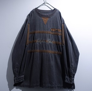 Black Faded Studs Embroidery Switching Design Pullover Shirt