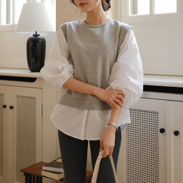 Docking Balloon Sleeve Cut and Sew blouse　TO0976