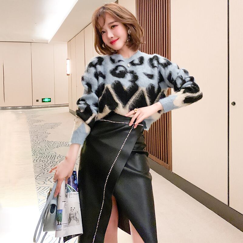 カラーレオパードプリント柄ルーズニットセーター ウィンター 冬物 MIUCO67936226686