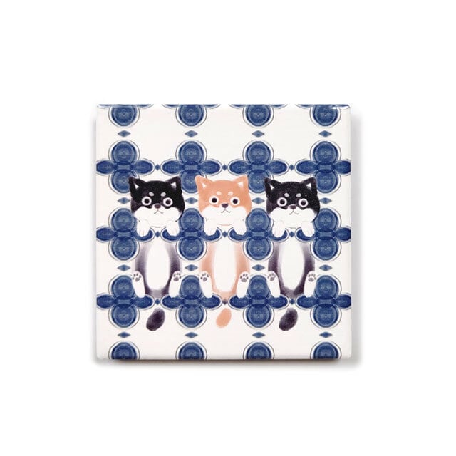 花タイル型セラミック給水コースター(三柴犬)