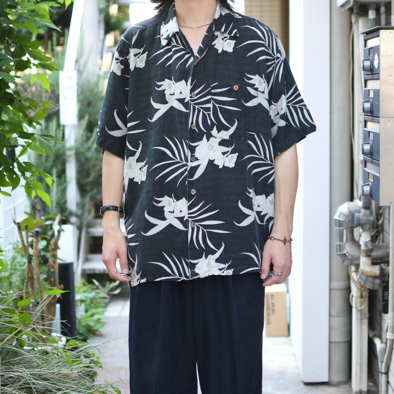 silk linen aloha shirt charcoal gray