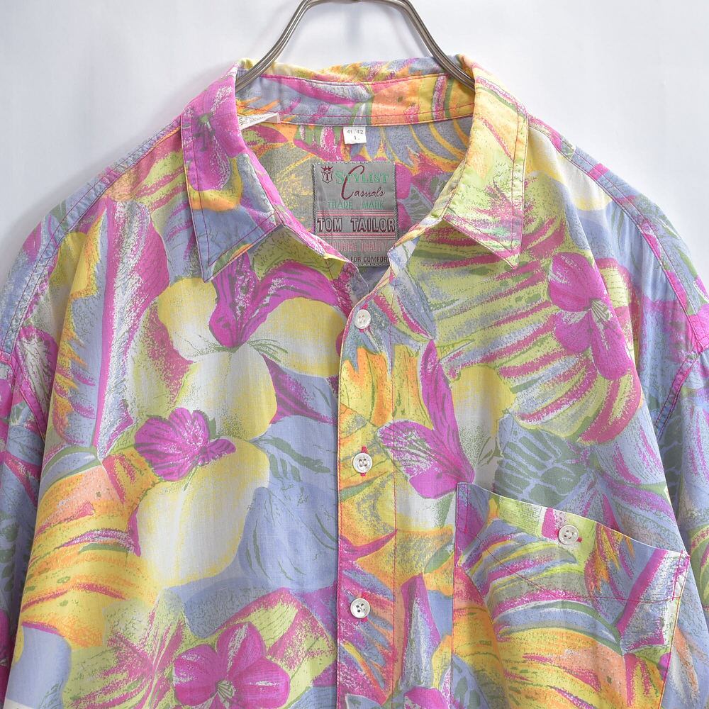 90s~ TOM TAILOR アートフル フラワーパターン 総柄 半袖シャツ ヴィンテージ 花柄 パステルカラー ペールトーン ビンテージ ヨーロッパ古着 メンズLサイズ