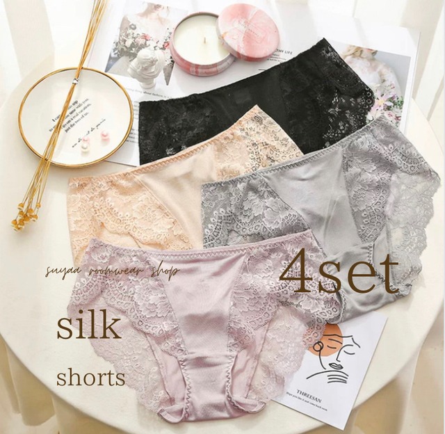 4set 【4color/ M-XL】 silk side lace desigh shorts　S113