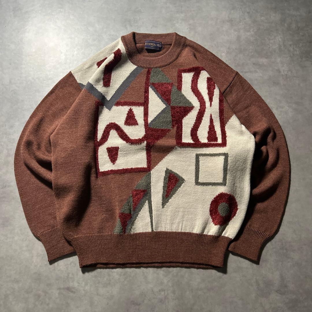ヴィンテージ 幾何学 総柄 ヨーロピアン デザイン レトロ ニットセーター