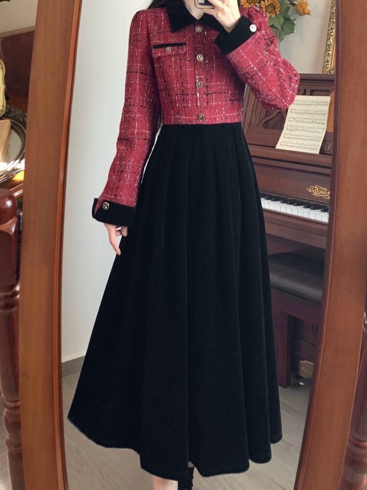 上品な華やかさで視線を独り占め ドッキングツイードワンピース 秋冬 長袖 シック クラシカル 大人可愛い 上品 きれいめ お出かけ デート お呼ばれ 大きいサイズ 韓国 CH9540