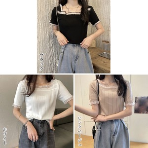 スクエアネック ニット 半袖 レディース トップス 春夏 韓国 おしゃれ きれいめ シンプル レース付き 大人 カジュアル リブニット 大人可愛い 大人女子