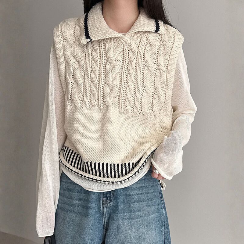 ケーブル編み オープンカラーニットベスト N00299