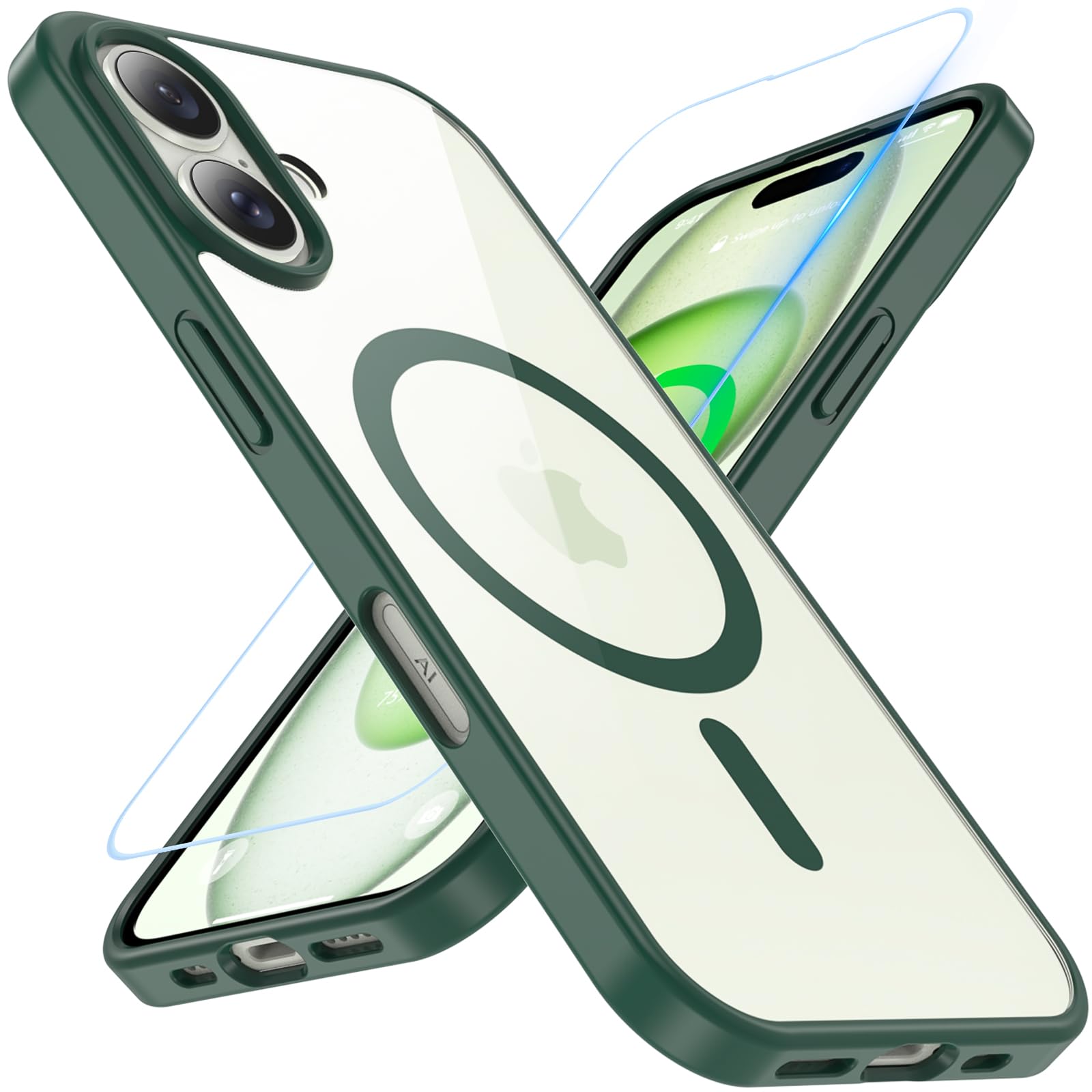 BESINPO iPhone 16 ケース ガラスフィルム付き MagSafe対応 米軍MIL規格 耐衝撃 黄ばみなし 6.1インチ グリーン+クリア