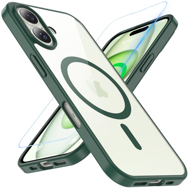 BESINPO iPhone 16 ケース ガラスフィルム付き MagSafe対応 米軍MIL規格 耐衝撃 黄ばみなし 6.1インチ グリーン+クリア