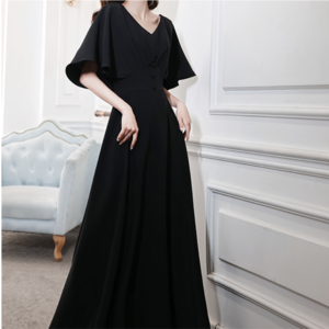 ロングドレス 演奏会 結婚式 黒 韓国 通販 大きいサイズ 袖あり ケープ