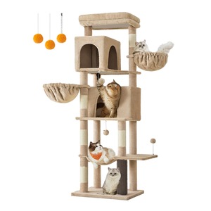 【在庫のみ】FEANDREA キャットタワー 猫タワー スリム 大型猫用 多頭飼い 据え置き 登りやすい 省スペース ハンモック 見晴台 ねこハウス ボンボン 天然麻紐 高さ175cm痒み止めブラシ付き ブラウン PCT182K01