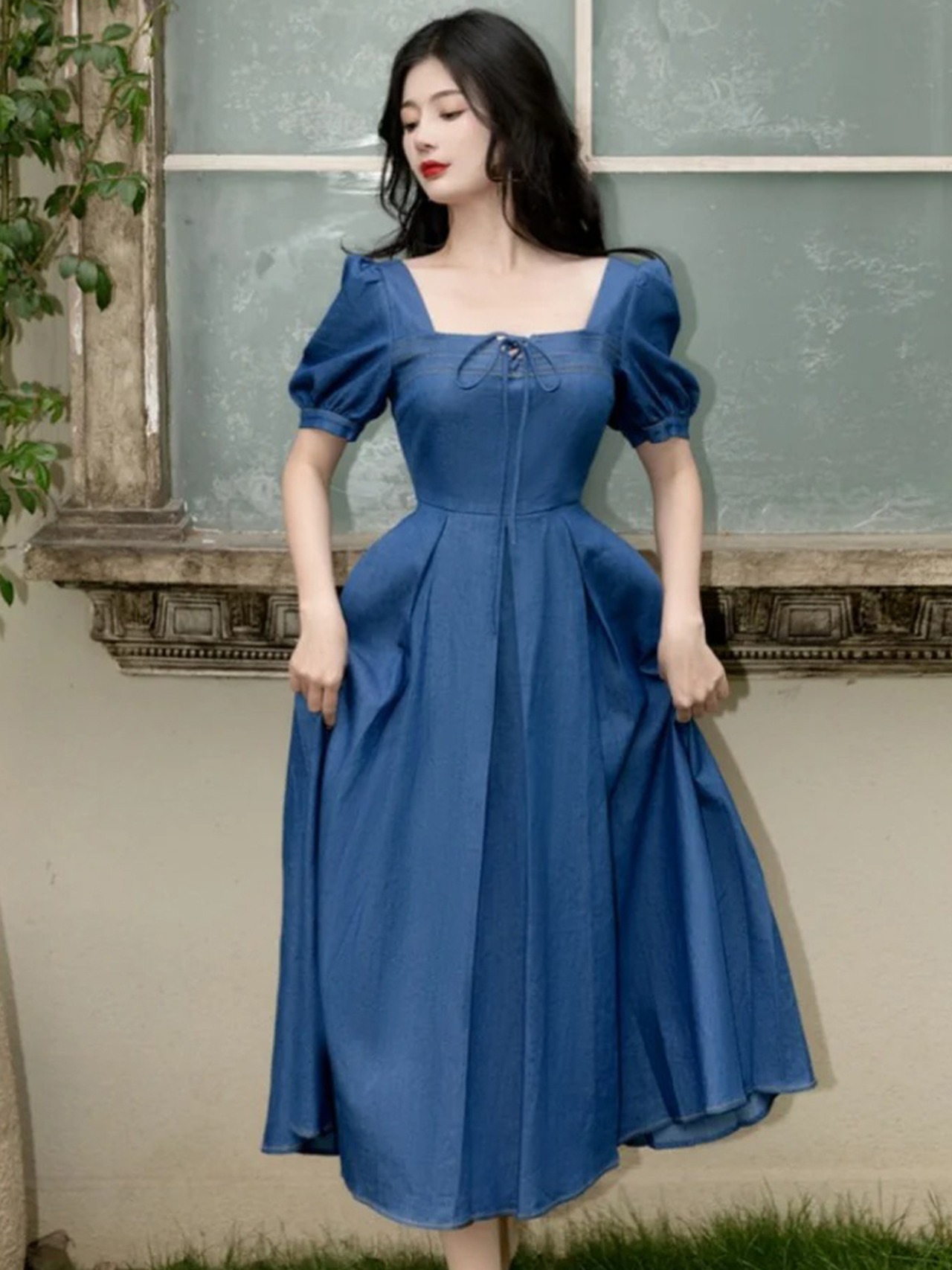 【0244】Denim Pleated Puff Short Sleeve Dress