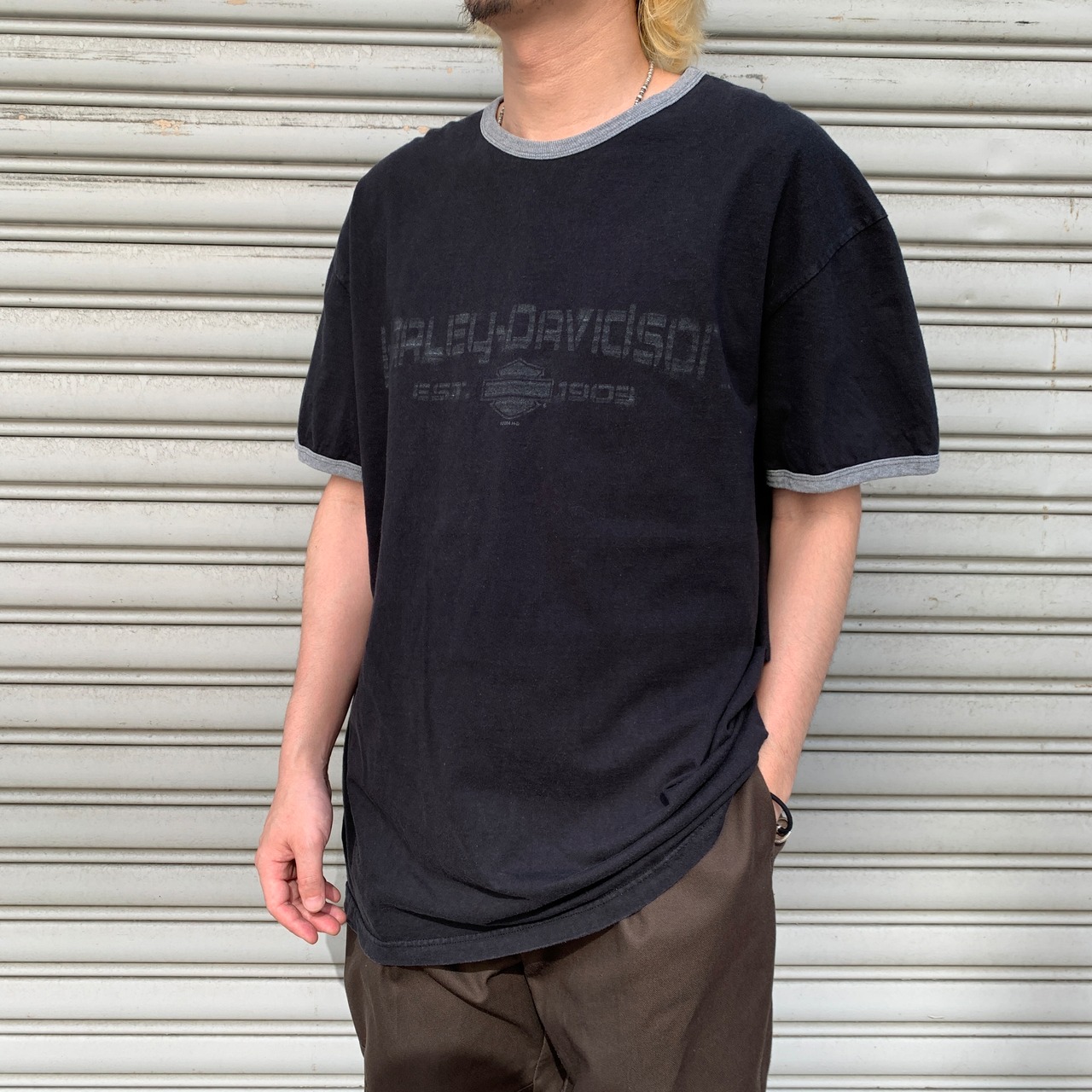 00s ハーレーダビッドソン　リンガーTシャツ　両面プリント　ブラック　XL相当