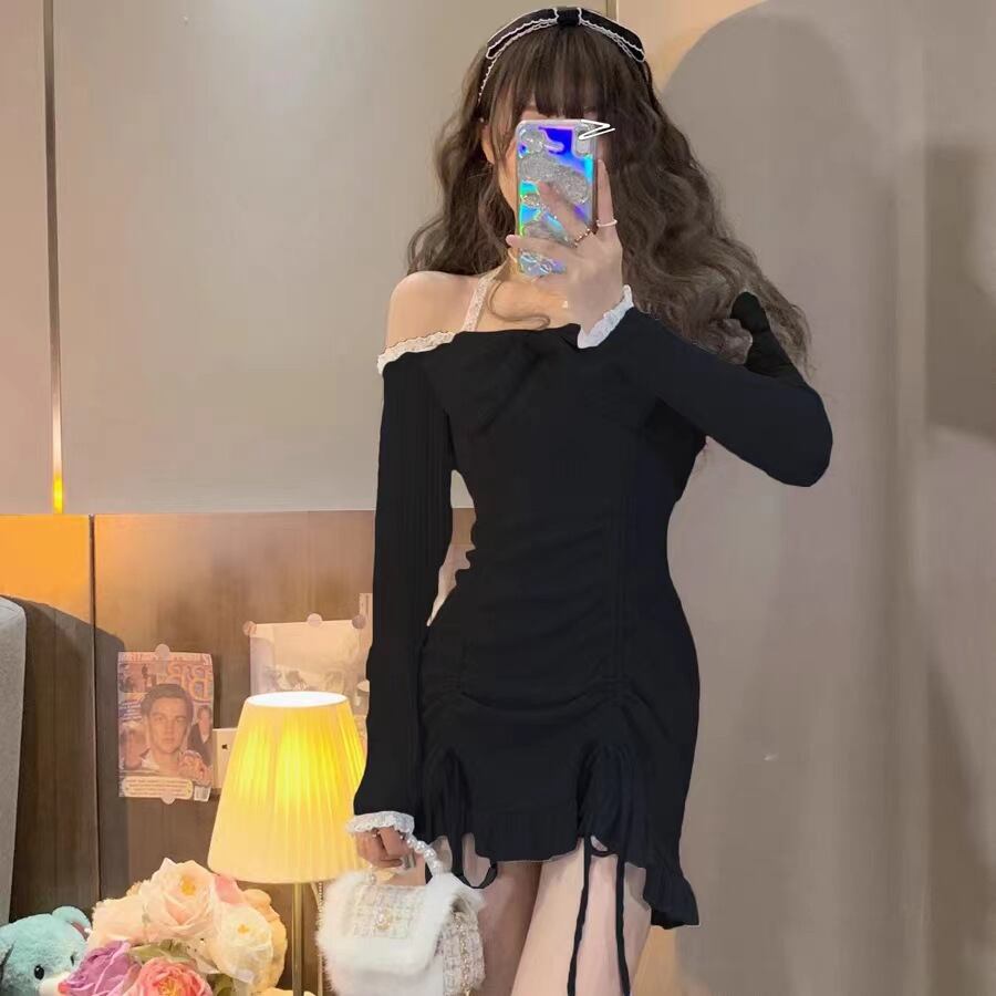 【新作】【送料無料】 恋人クッキーオリジナル純粋な欲望スタイル長袖ドレスボウノットホットガールスリムレースフレンチ気質ウエストスタイル 0252986049917