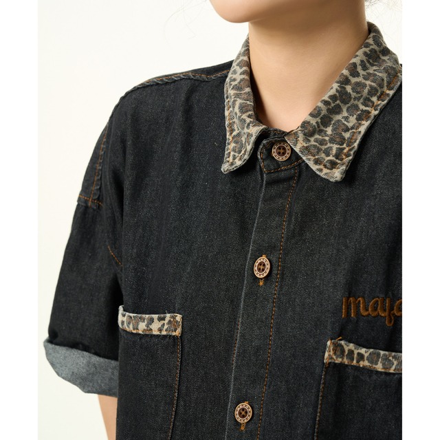 leopard print denim short-sleeved shirt　レオパードポイントデニム半袖シャツ　J1800
