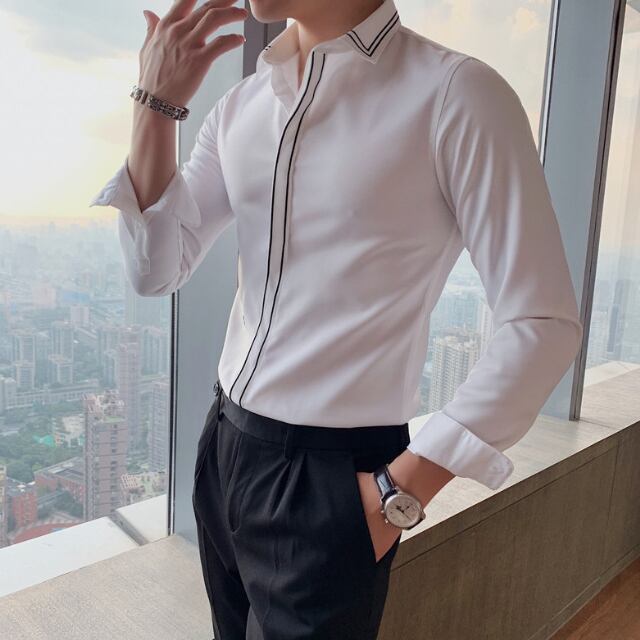 【予約販売】シャツ 長袖 シンプル バイカラー ライン スリム ベーシック モノトーン メンズ ホワイト ブラック カジュアル シック こなれ感 お洒落 韓国 トレンド 春 秋 M/L/XL/2XL/3XL