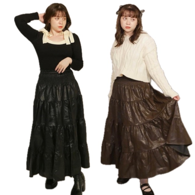 tiered leather long skirt