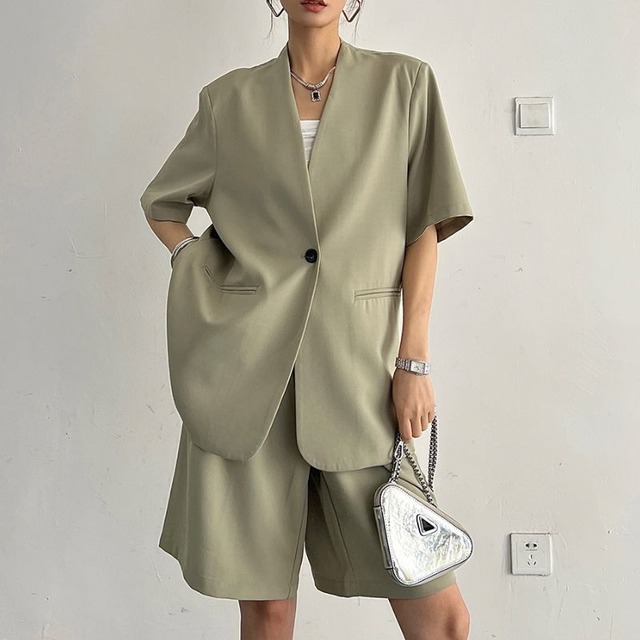 Collarless jacket shorts set 2 colors　V1599