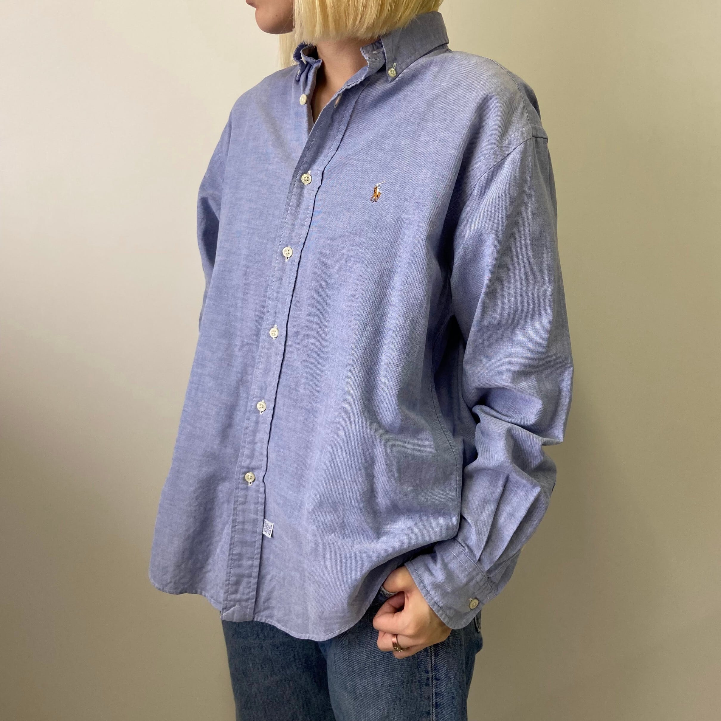 90s ラルフローレン ロゴ刺繍 長袖BDシャツ 無地ブルー ビッグサイズ