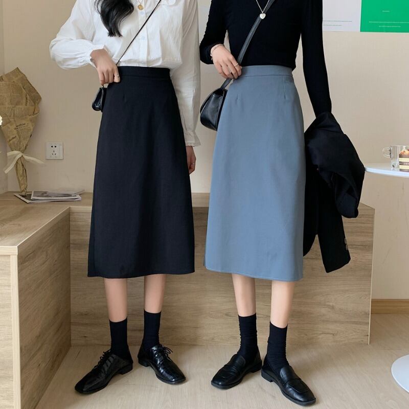 Aラインスカート スプリングオータムハイウェスト薄手ブラック 春物 秋物 1号婦人51384739182