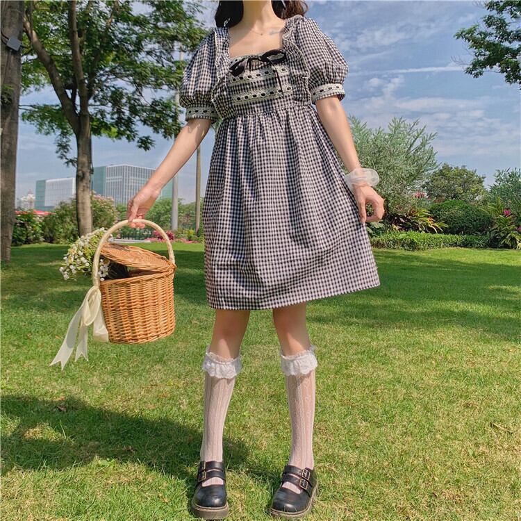 THOM BROWNE【関税送料込&VIP価格】コットン ミニワンピース ✞ りぼんギンガムチェック柄シフォンランタンスリーブ