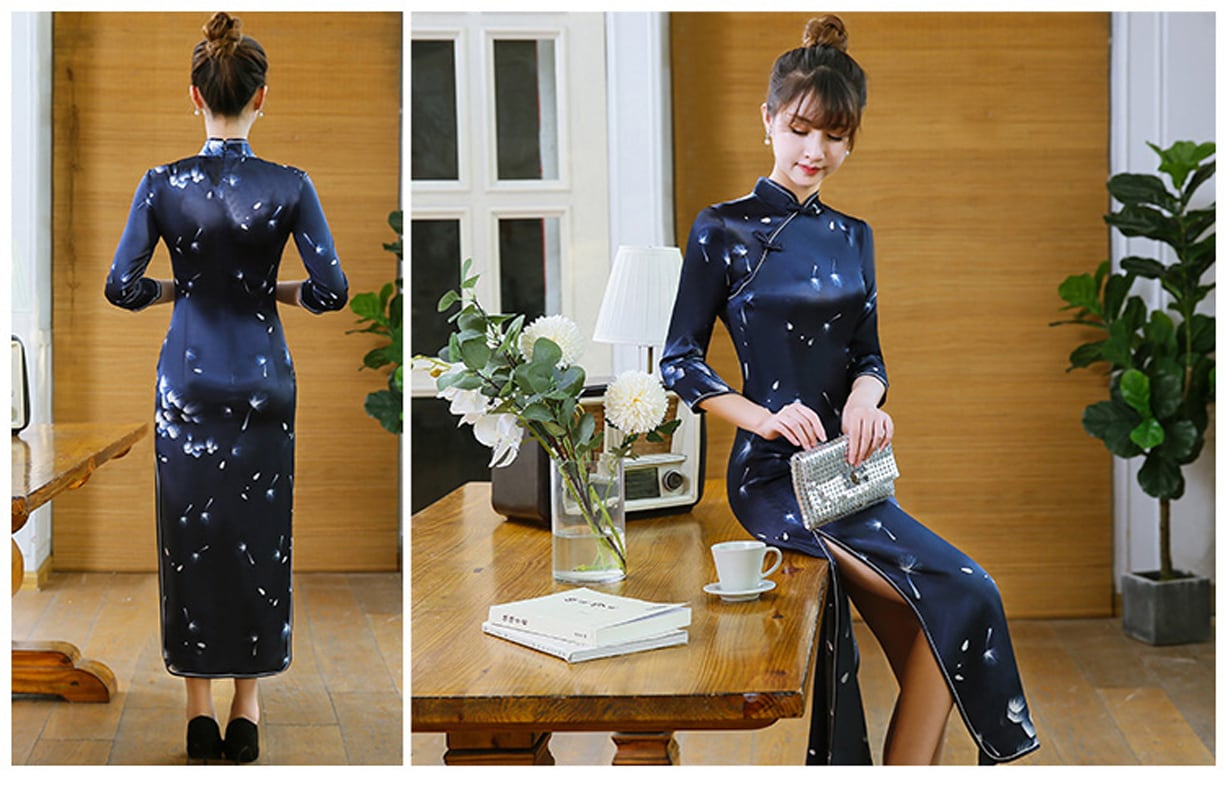 ロング丈チャイナドレス チャイナ風ワンピース ロングドレス 七分袖