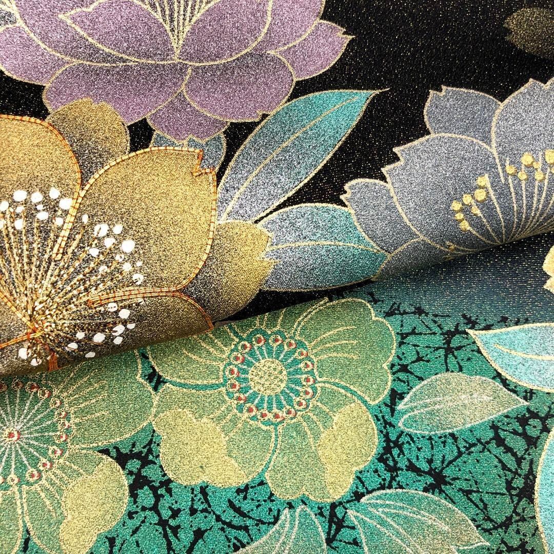 K-3116 振袖 美しい桜の花 花車 金駒刺繍 金通し 黒色 トールサイズ - 着物