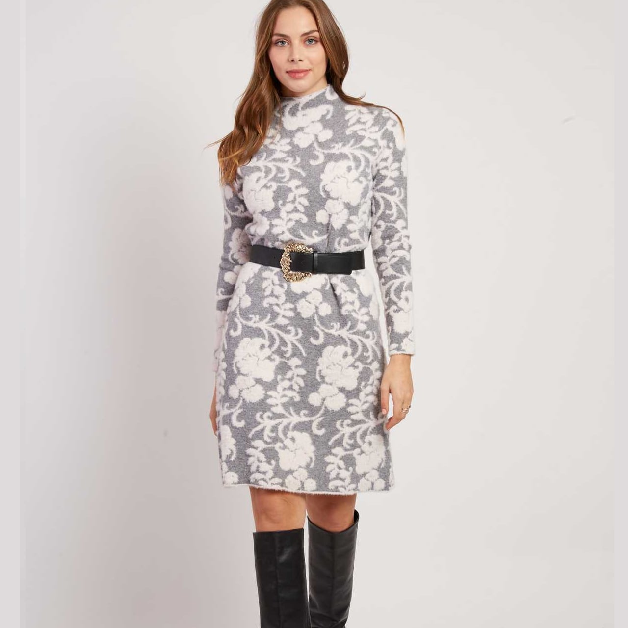 フローラルジャカード ハイネックニットワンピース RENE DERHY