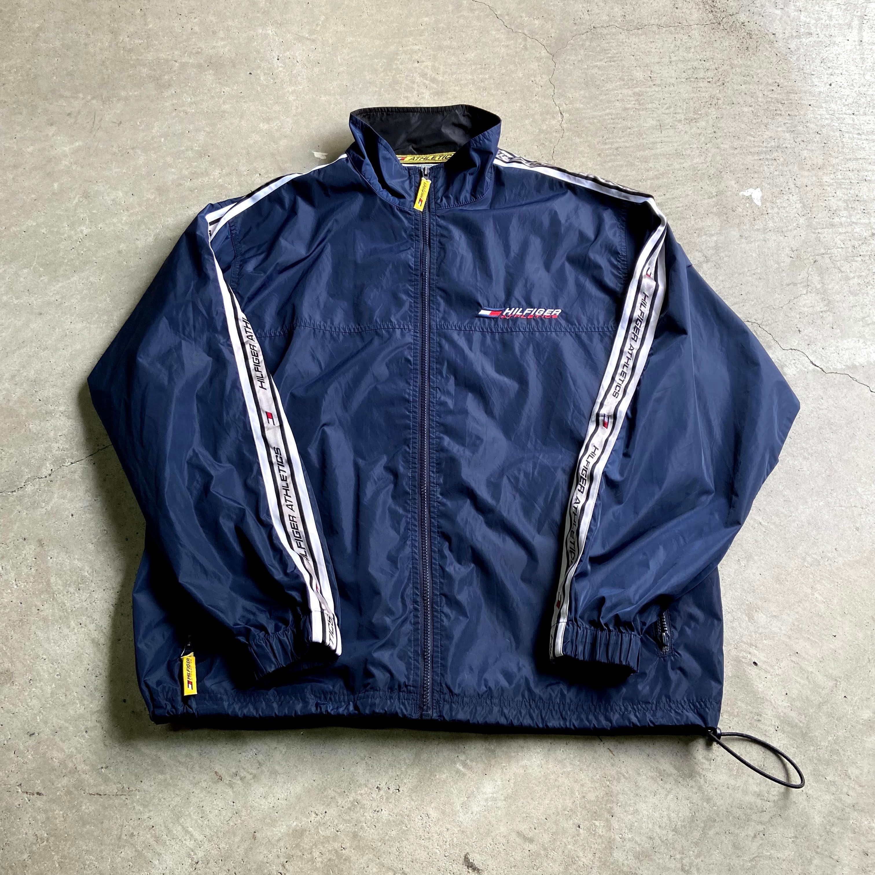 90年代 HILFIGER ATHLETICS トミーヒルフィガー 袖ロゴライン ナイロンジャケット メンズXL相当 古着 TOMMY 90S  ビンテージ ヴィンテージ ネイビー 紺色【ナイロンジャケット】【CS2211-40】 | cave 古着屋【公式】古着通販サイト