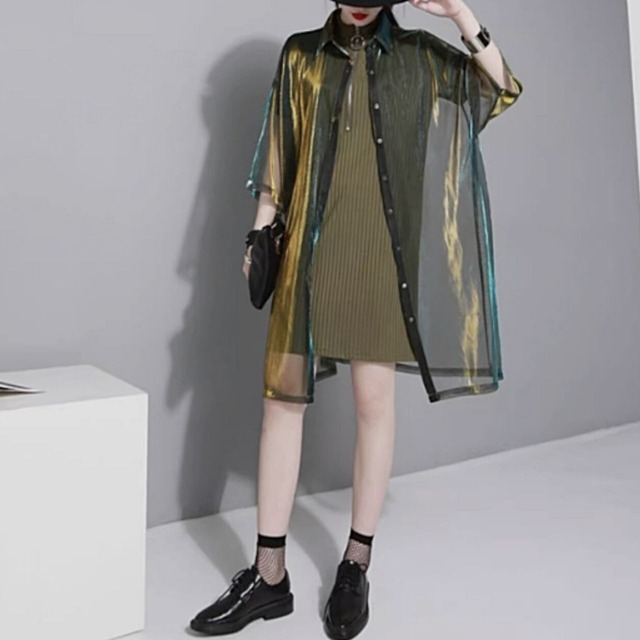 Sheer iridescent oversized shirt【2color】 C0271