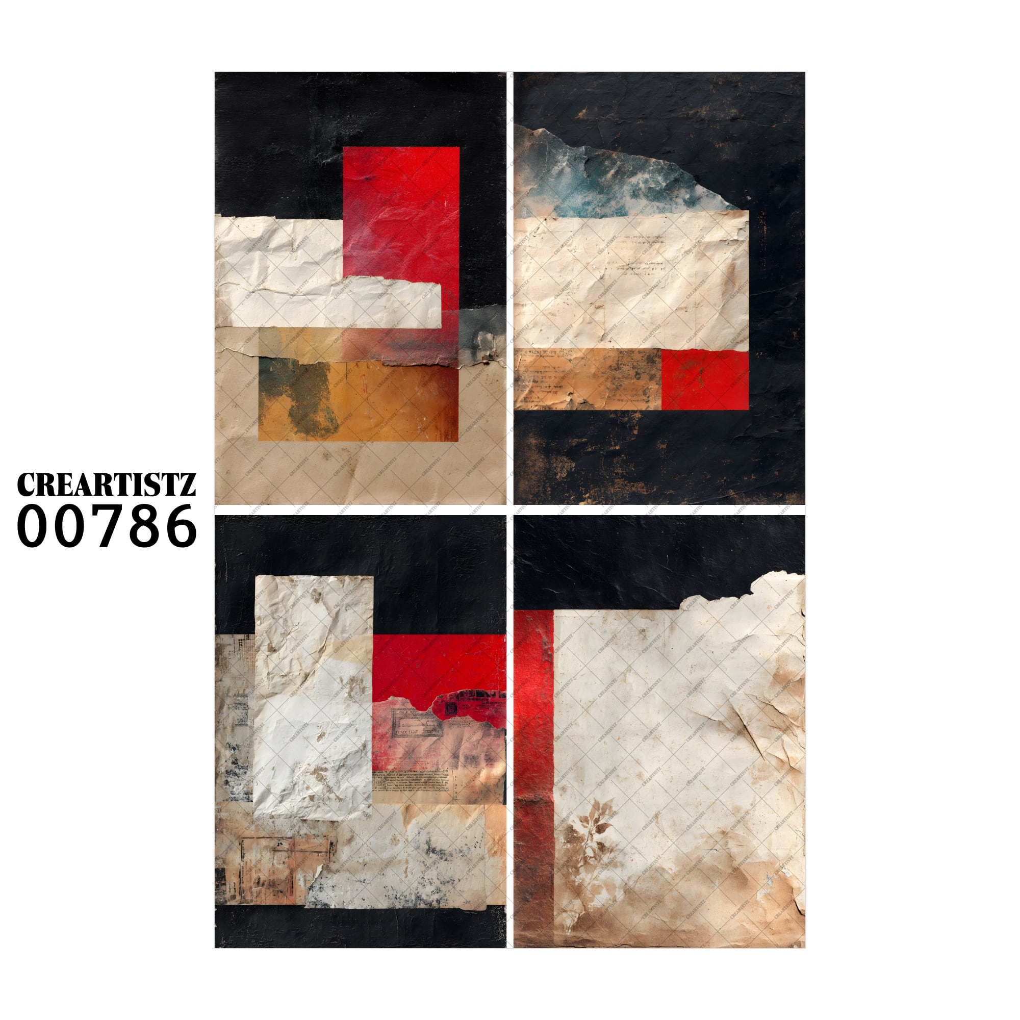 00786 背景 コラージュ素材 オリジナル 12枚セット (4種類×3枚) ペーパー/ステッカー CREARTISTZ