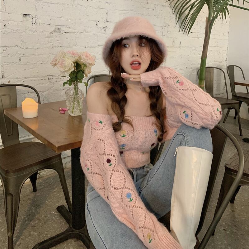 セーター カーディガンスプリングショートルーズニットコート トップス ピンク 春物 オフショルダー ブラックストロベリース91383145709