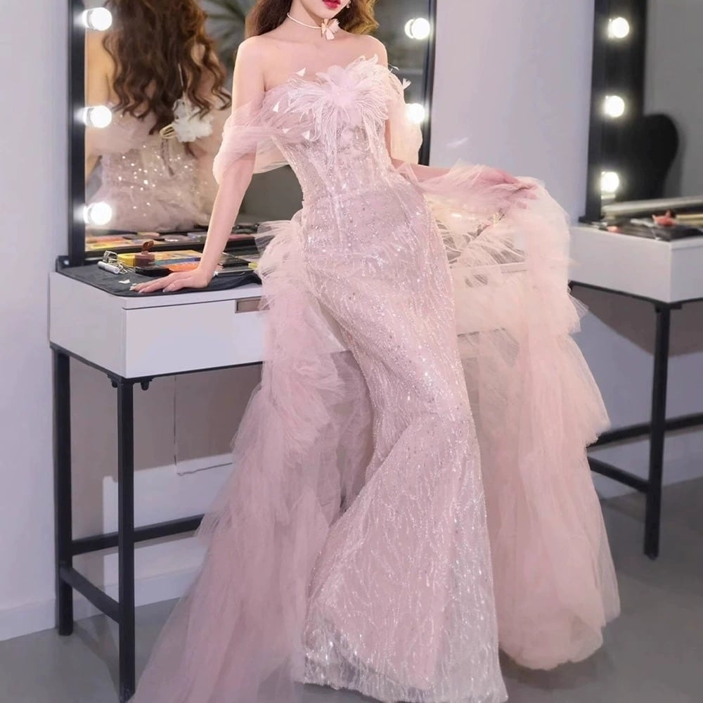 ウエディング カラードレス フェザードレス オフショルダー 光沢感(M9612)π