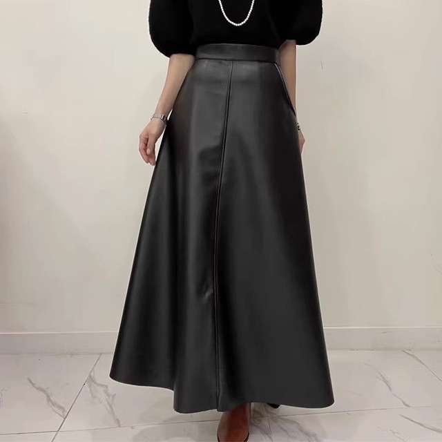 High waist fake leather flare skirt A799